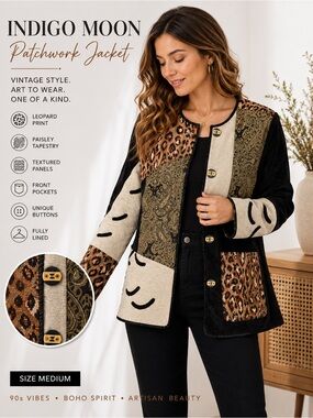Vintage Indigo Moon Patchwork Leopard Paisley Art to Wear Jacket M